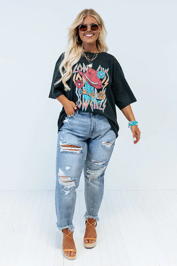 Long Live Distressed Boyfriend Tee in Black Curves | Impressions Online Boutique