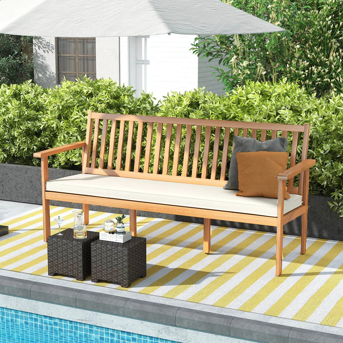 Winston Porter Outdoor 3-seat Wood Bench 64 Inches Extra Long Acacia Chair With Seat Cushion | Wa... | Wayfair North America