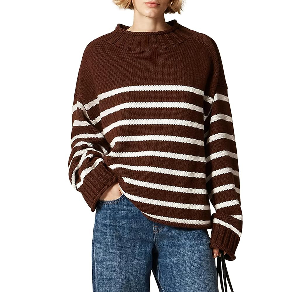 Oversized Sweaters for Women Roll High Neck Hem Long Sleeve Soft Chunky Cable Knit Striped Pullov... | Amazon (US)