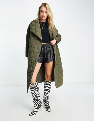 4th & Reckless quilted longline coat in khaki | ASOS (Global)