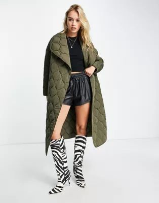 4th & Reckless quilted longline coat in khaki | ASOS (Global)