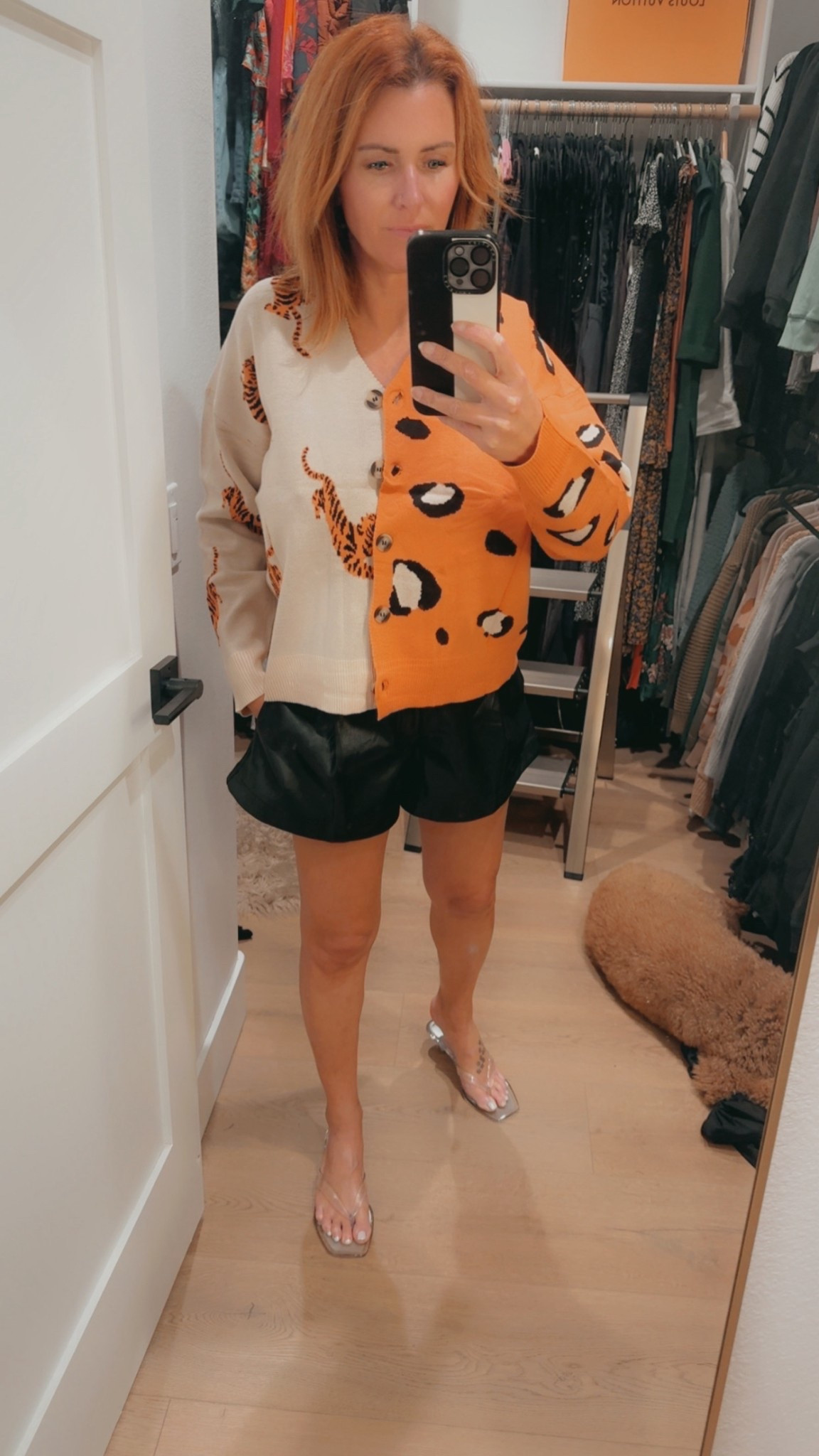 Animal print cardigan 🐆 black leather shorts | clear jelly kitten heels 

Sweater - size S

#LTKU #LTKPetite #LTKOver40