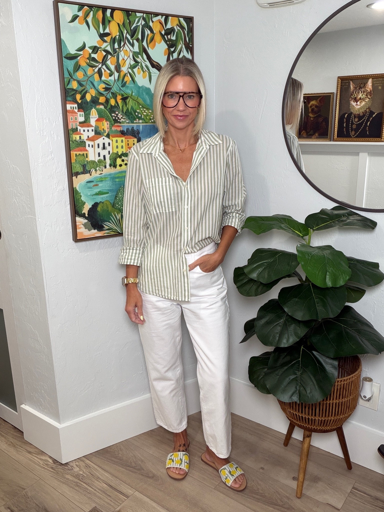 This super lightweight button up from Target is perfect for summer! The sage green and white is such a good combo. Immediately white denim came to mind to pair with the top. These are the Bella Rigid Denim from Quince. I did size up one since they’re and rigid. But they aren’t seen through which is always a win! 

My sandals are from Marshall’s / TJ Maxx. I’ll link what I can find.

#LTKootd #LTKgrwm #LTKOver40