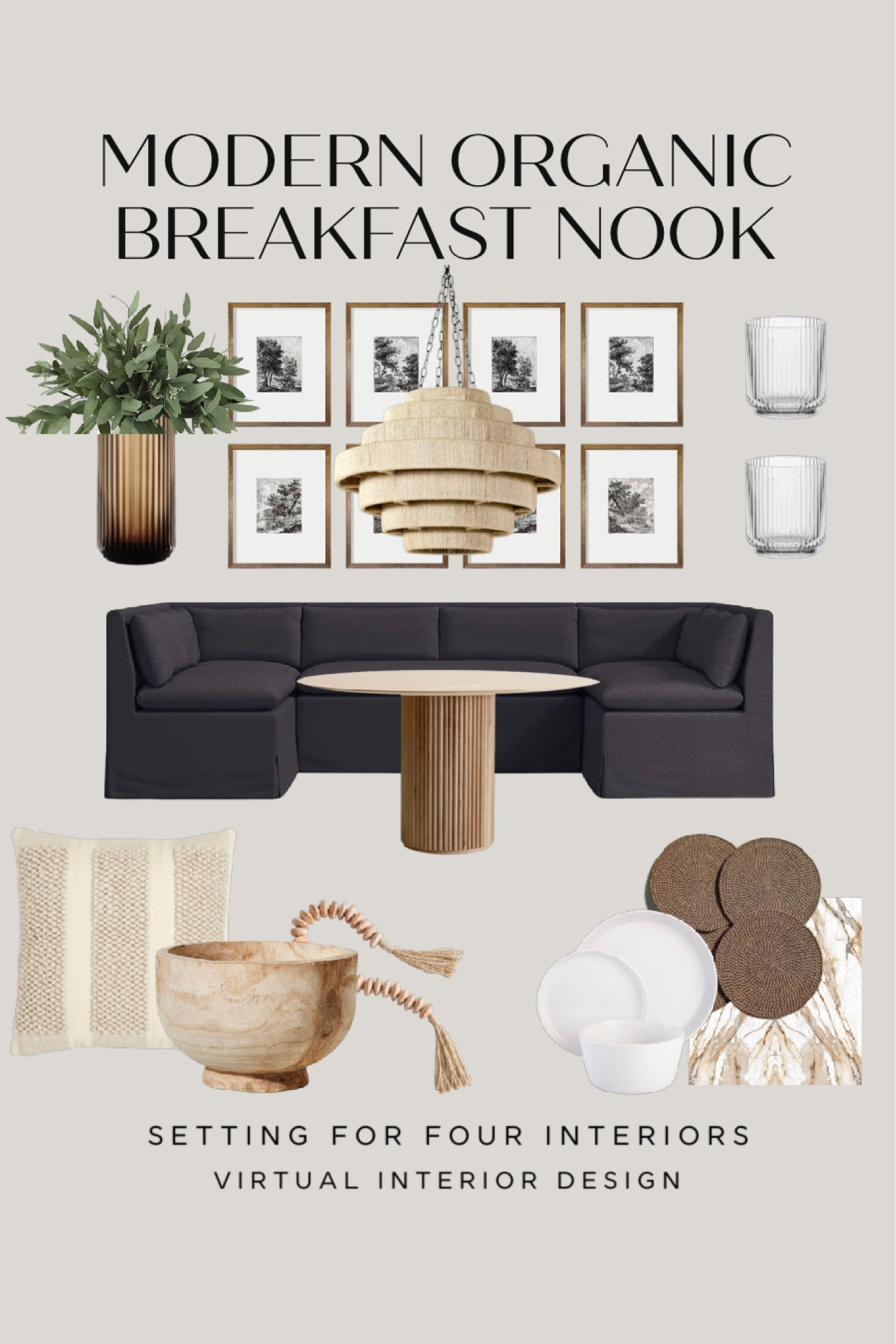 Modern Organic Breakfast Nook Dining Area- furniture and decor. This banquette is stunning and comes in an L shape and in more colors! 

Virtual Interior Design

New finds, Modern, transitional, farmhouse, Amazon home, Amazon finds, founditonamazon, black, white, beige, pendant, chandelier, woven, neutral, natural, brown, vintage art, vase, banquet, banquette, dining table, fluted, glasses, vase, greenery, placemats, dinnerware, bowl, pillow, garland, crate & barrel, sale