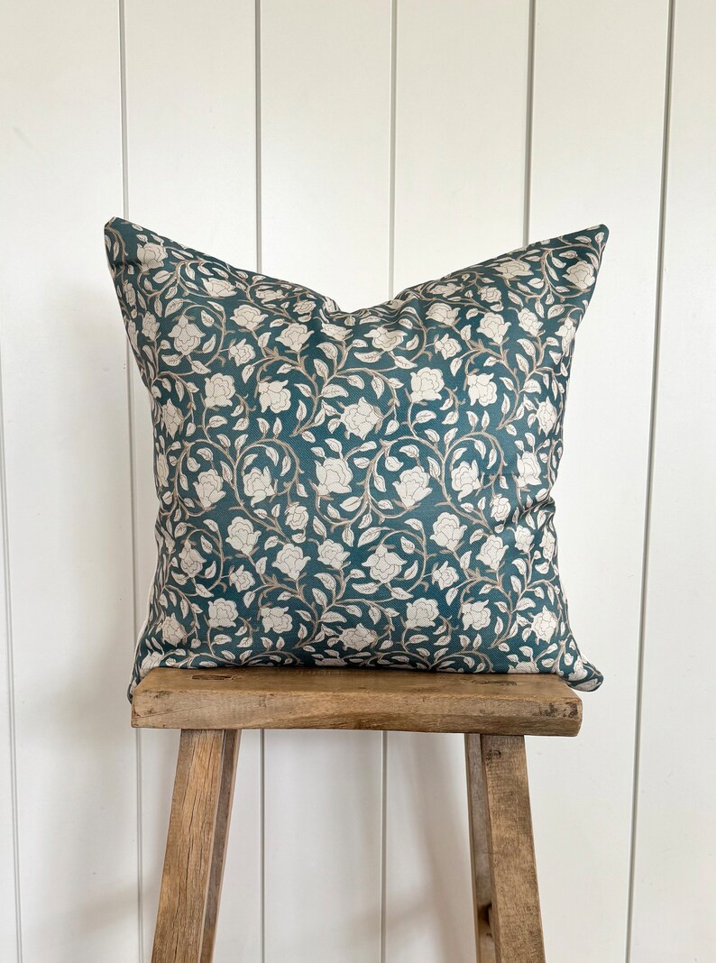 Floral Pillow Cover Blue Teal Cream Gray Designer Fabric Modern Farmhouse Neutral Home Decor 18x1... | Etsy (US)