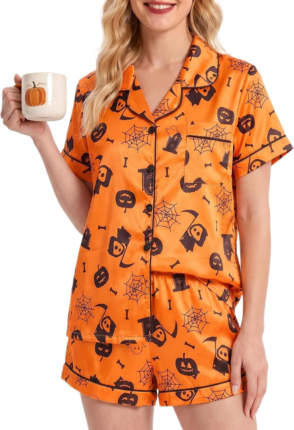 YIJIU Womens Silk Satin Pajamas Set Short Sleeve Sleepwear Button Down Pjs | Amazon (US)