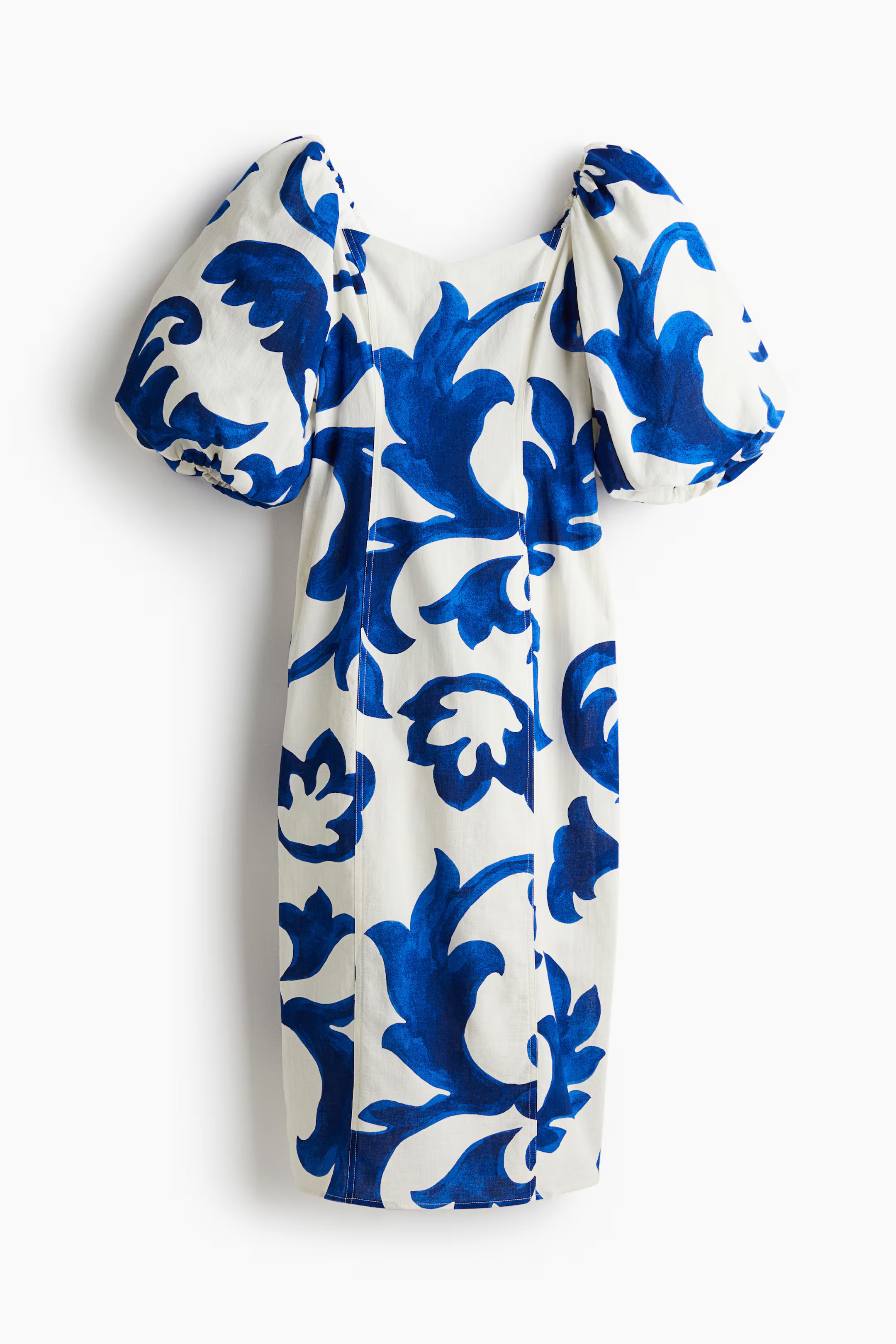 Balloon-sleeved dress - Sweetheart neckline - Short sleeve - White/Blue patterned - Ladies | H&M ... | H&M (UK, MY, IN, SG, PH, TW, HK)