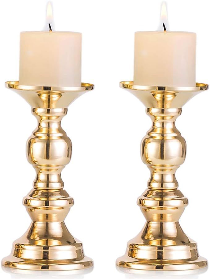 Set of 2 Gold Candlestick Metal Pillar Candle Holders, Wedding Centerpieces Candlestick Holders f... | Amazon (US)
