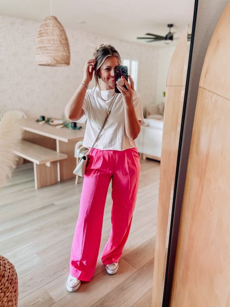 LOVE these pink target trousers!!! I did the size 4 but need the size 4 short! They’re very long. // sneakers tts // target wild fable white tee size small - OBSESSED! Such a great basic, I want every color. //
Casual outfit
Workwear style
Business casual
Boss babe 
Mom outfit
Work from home 
Office outfit 
Pink lover
Target style
Target fashion 
Target finds 