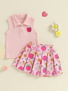 Kids Girl Back To School Outfit Apple Embroidery Ribbed Lapel Tank Tops And Floral Pen Print Plea... | SHEIN