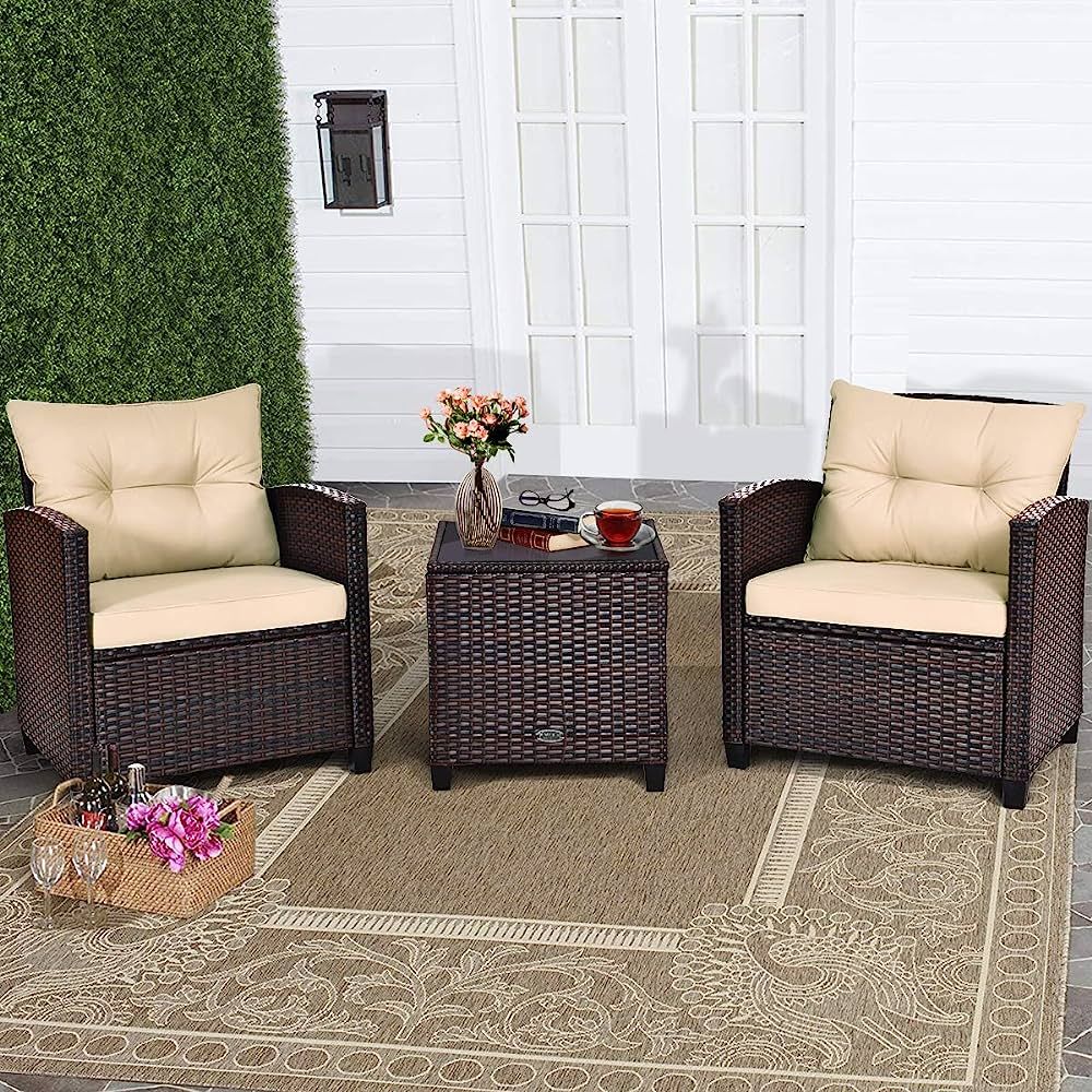 RELAX4LIFE 3 Piece Patio Furniture Set, Wicker Bistro Conversation Set w/ 2 Cushioned Armchairs &... | Amazon (US)