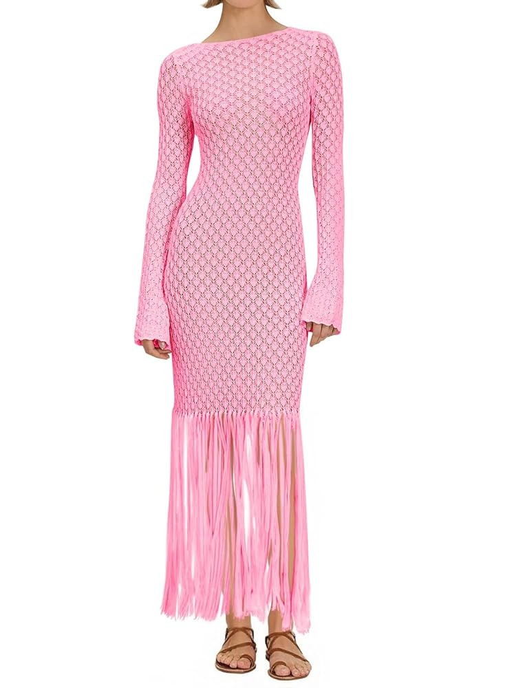 Fisoew Women's Swimsuit Crochet Cover Ups Summer Long Sleeve Tie Back Fringe Hem Beach Vacation C... | Amazon (US)