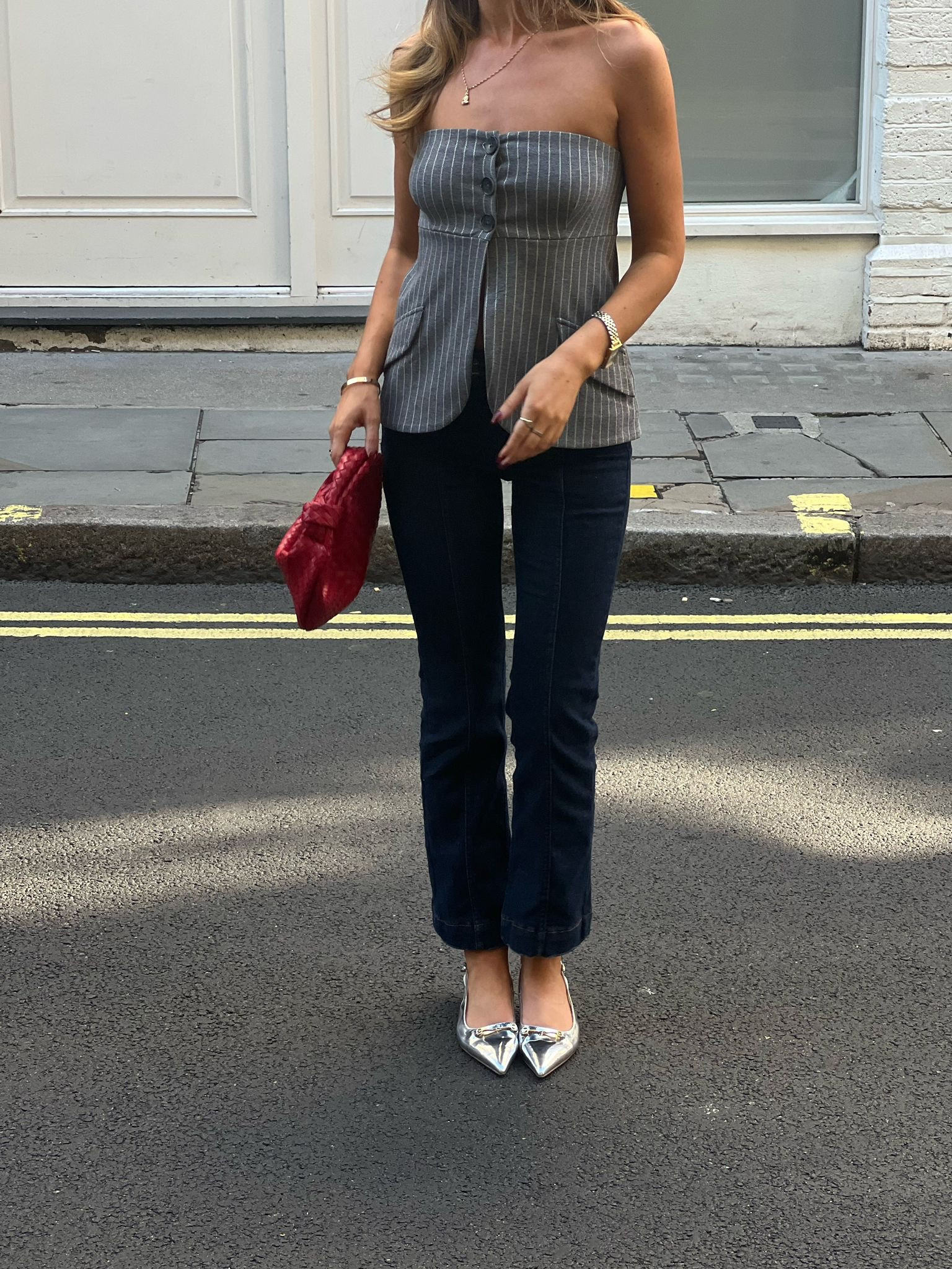 Brunch outfit, lunch outfit, transitional outfit, bandeau top, pinstripe top, grey pinstripe, button down top, Bardot top, dark blue jeans, pin tuck jeans, crop jeans, silver heels, slingbacks, kitten heels, leather bag, red bag, Anthropologie, Nasty Gal, Hobbs, Boden, ASOS, & Other Stories

#LTKstyletip #LTKSeasonal #LTKeurope