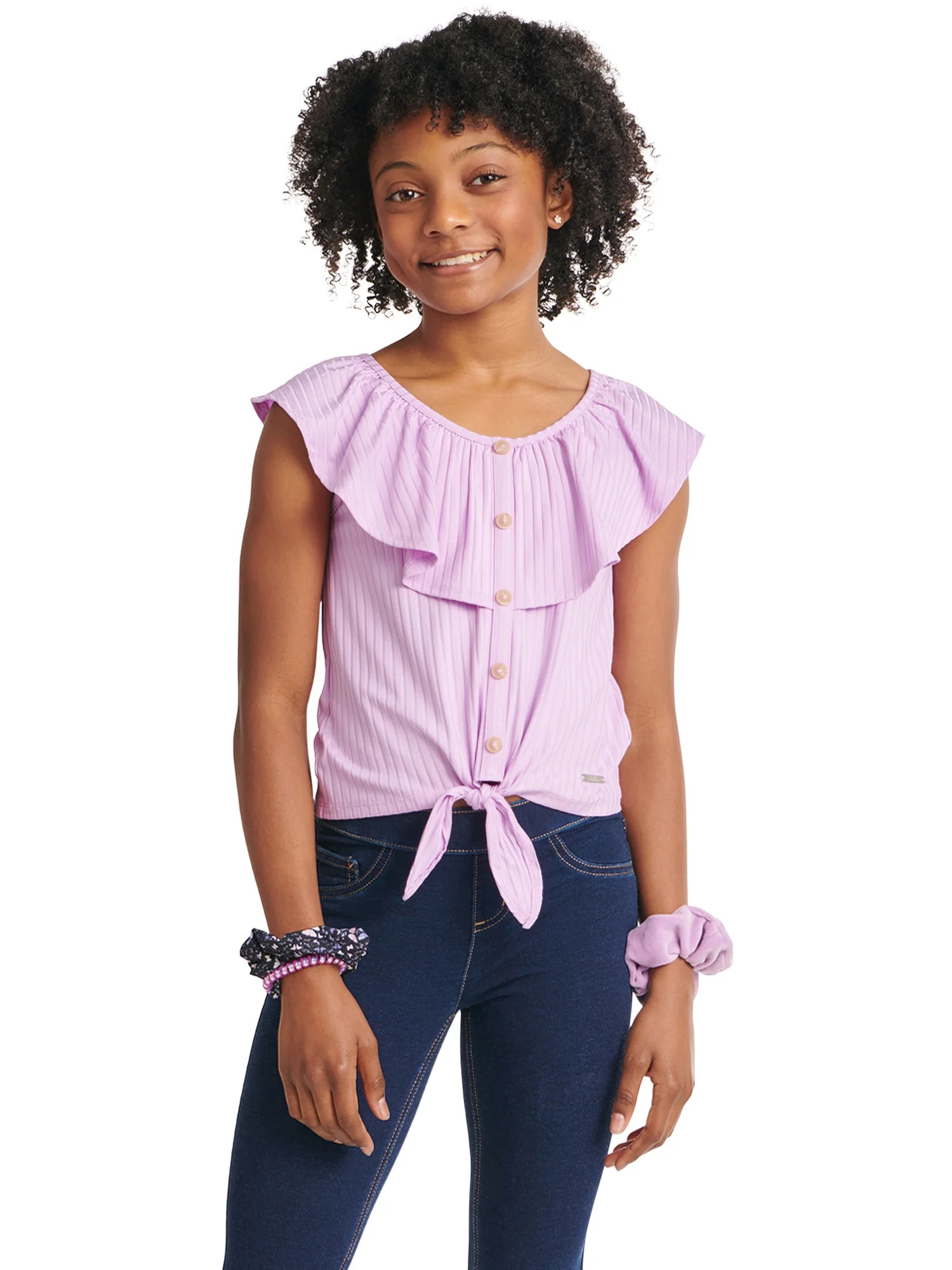 Justice Girls Button Front Ruffle Neckline Top, Sizes XS-XLP | Walmart (US)