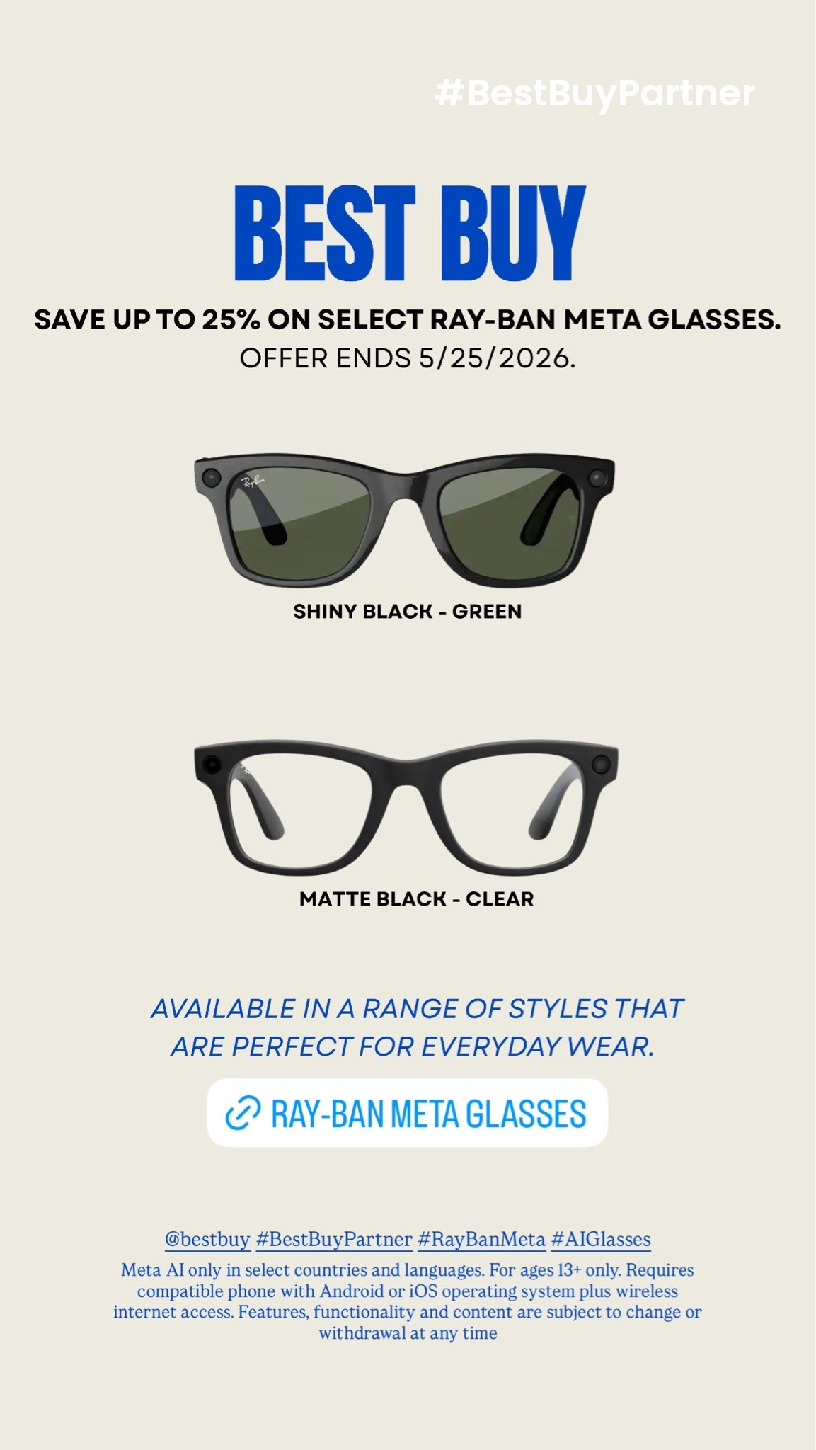 [5/15/26] #BestBuyPartner Hands-free and captured by Ray-Ban Meta glasses. 
I love how I can ask Meta AI questions, like “Hey Meta, what are some things we can do today living since we live by the beach?” or “Hey Meta, what are some things I could do with my dog nearby?”

Save up to 25% on select Ray-Ban Meta glasses at @bestbuy. Offer ends 5/25/26. 

Available in a range of iconic styles that are perfect for everyday wear. Shop now at Best Buy!
Meta AI only in select countries and languages.
For ages 13+ only.
Requires compatible phone with Android or iOS operating system plus wireless internet access.
Features, functionality and content are subject to change or withdrawal at any time.

#RayBanMeta #AIGlasses

#LTKdayinmylife #LTKfitnessgoals #LTKSeasonal