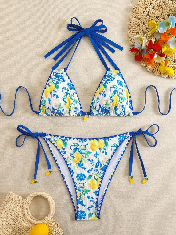 Swim Vcay Summer Beach Plus Size Women's Vacation Plant Print Halter Neck Tie Bikini Set | SHEIN