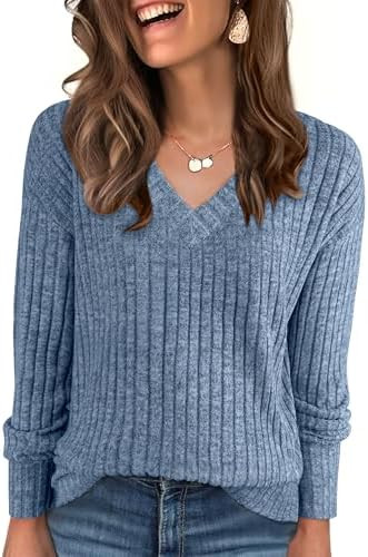 ANRABESS Long Sleeve Shirts for Women V Neck Casual Fall Tops Loose Fit Lightweight Sweaters Tuni... | Amazon (US)