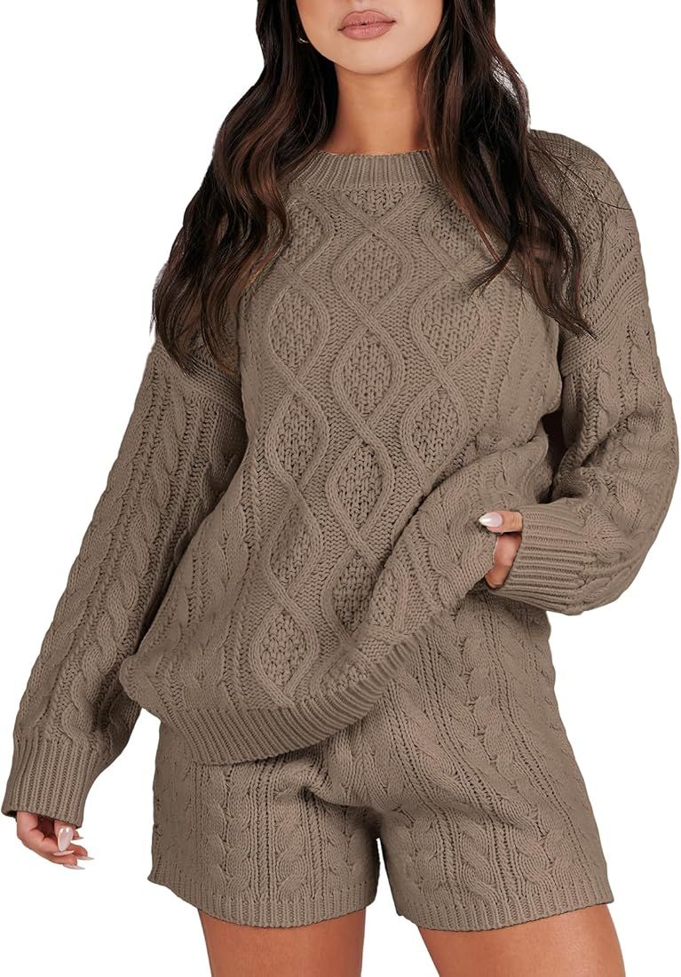 Women‘s 2 Piece Outfits Long Sleeve Cable Knit Chunky Oversized Pullover Sweaters 2023 Winter L... | Amazon (US)