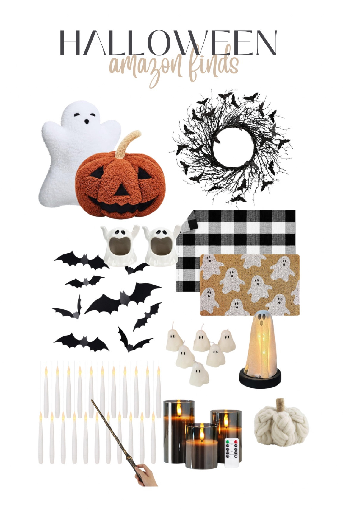 Spooky cute Halloween decor from Amazon! 🦇 

Bat wreath, ghost pillow, pumpkin pillow, bats, fall doormats, floating candles, led candles, knit pumpkin, ghost candles, ghost cloche, trending on Amazon, home decor, holiday decor, ghost tea light holders, halloween decorations, front porch, Harry Potter wand, layered doormats, fancythingsblog

#LTKxPrime #LTKfindsunder50 #LTKHalloween