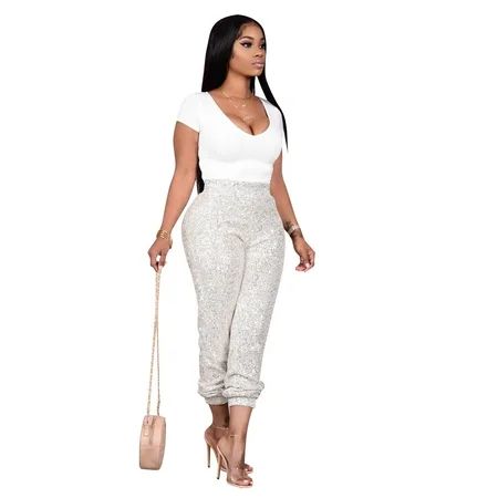 Women Sequin Jogger Pants Glitter Elastic Waist Hip Hop Skinny Pants Clubwear | Walmart (US)