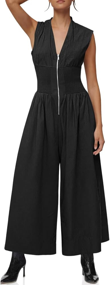Cicy Bell Womens V Neck Casual Dressy Jumpsuits Smocked Zip Up Sleeveless Wide Leg Jumpsuit Summe... | Amazon (US)