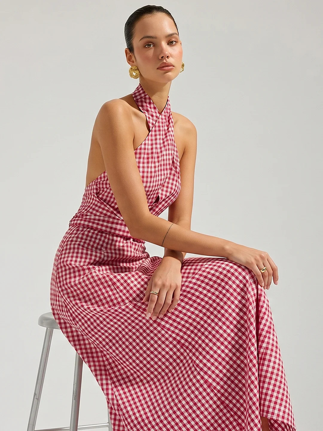 Gingham Halter Cotton Maxi Dress | Commense