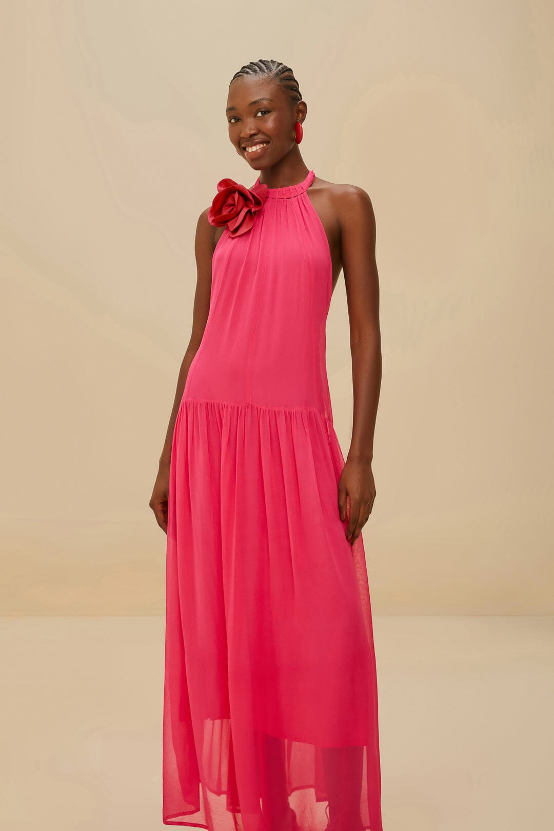 Pink Flower Halter Neck Maxi Dress | FarmRio (US)