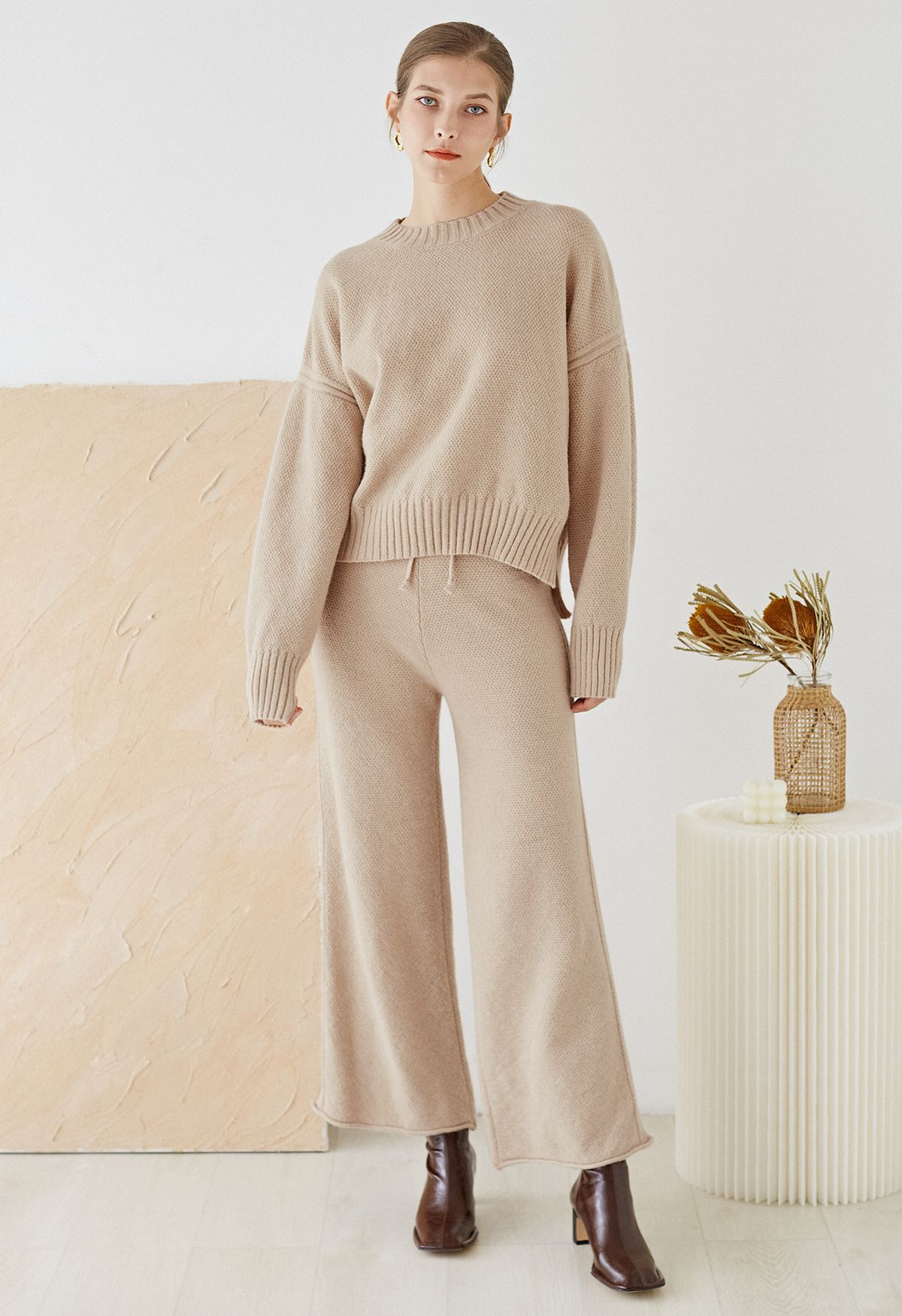 Waffle Knit Hi-Lo Sweater and Wide Leg Pants Set in Camel | Chicwish