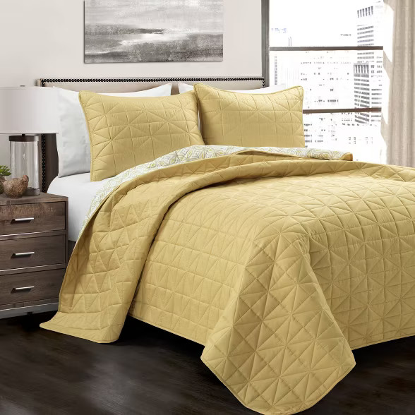 Mid-Century Modern Geo Reversible Quilt & Sham Set Yellow - Lush Décor | Target