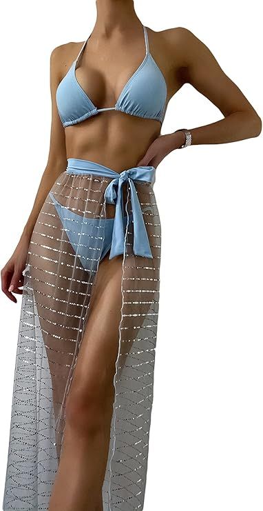 Romwe Women's 3 Pack Bathing Suit Triangle Halter Bikini Swimsuit with Mesh Beach Skirt | Amazon (US)