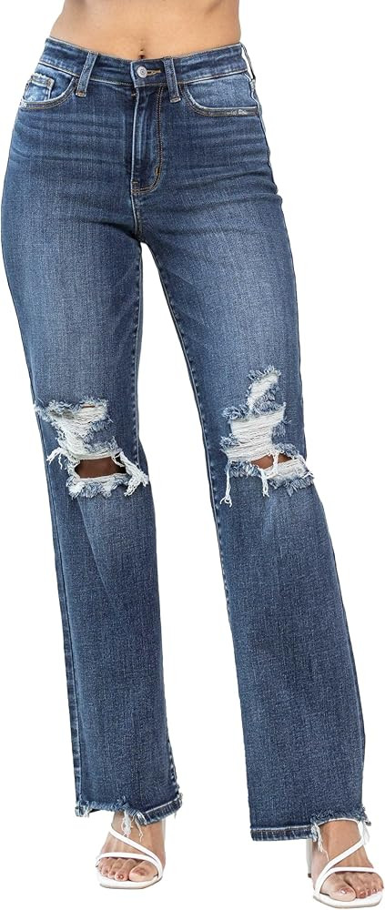 Judy Blue Women's High-Rise 90's Straight Leg Ripped Jeans | Amazon (US)