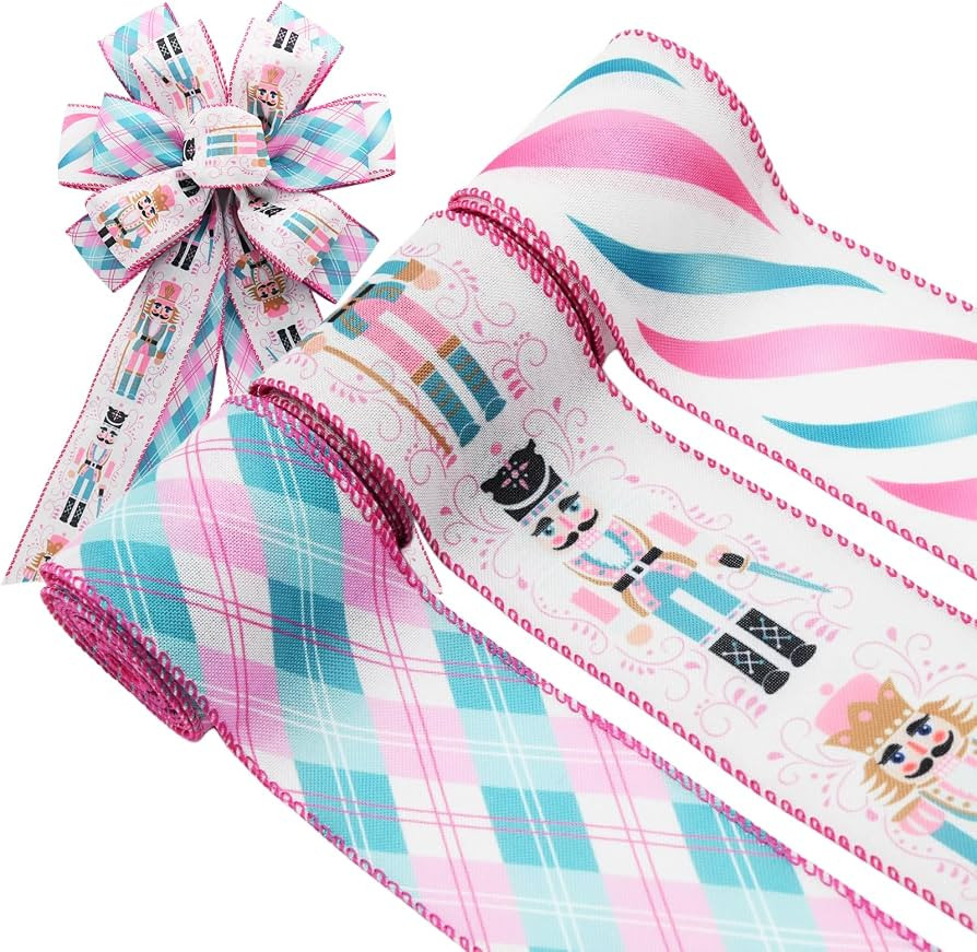 Pastel Christmas Nutcracker Wired Ribbon for Wreath Bows, 3 Rolls, 2.5\u2033 Wide, 15 Yards Total... | Amazon (US)