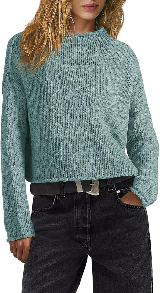 Panadila Womens Mock Neck Cropped Sweater Oversized Chunky Knit Pullover Sweaters Fall Long Sleev... | Amazon (US)
