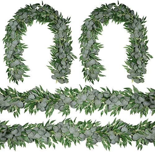 4 Packs 6.5 Feet Artificial Silver Dollar Eucalyptus Leaves Garland with Willow Vines Twigs Leave... | Amazon (US)
