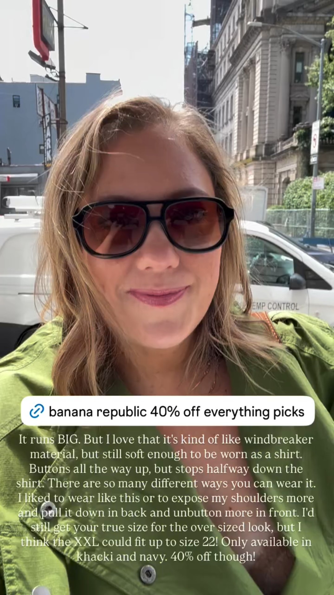 This flight shirt from @bananarepublic sold out so fast in this color but it is available in navy right now. 
It runs BIG. But I love that it's kind of like windbreaker material, but still soft enough to be worn as a shirt. Buttons all the way up, but stops halfway down the shirt. There are so many different ways you can wear it. I liked to wear like this or to expose my shoulders more and pull it down in back and unbutton more in front. I'd still get your true size for the over sized look, but I think the XXL could fit up to size 22! Only available in khacki and navy. 40% off though!

#LTKNYFW #LTKSaleAlert #LTKPlusSize