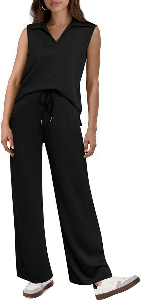 Glamaker Women's 2 Piece Outfits Summer Sleeveless Tops Wide Leg Pants Lounge Set Sweatsuits Trac... | Amazon (US)