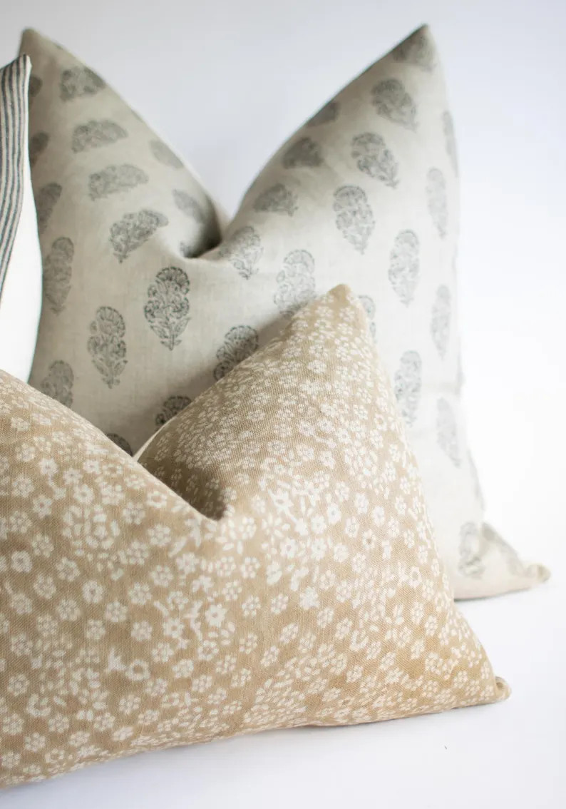 Beige and Black Floral Block Printed Pillow Cover, Modern Farmhouse Neutral Linen Pillows, Decora... | Etsy (US)