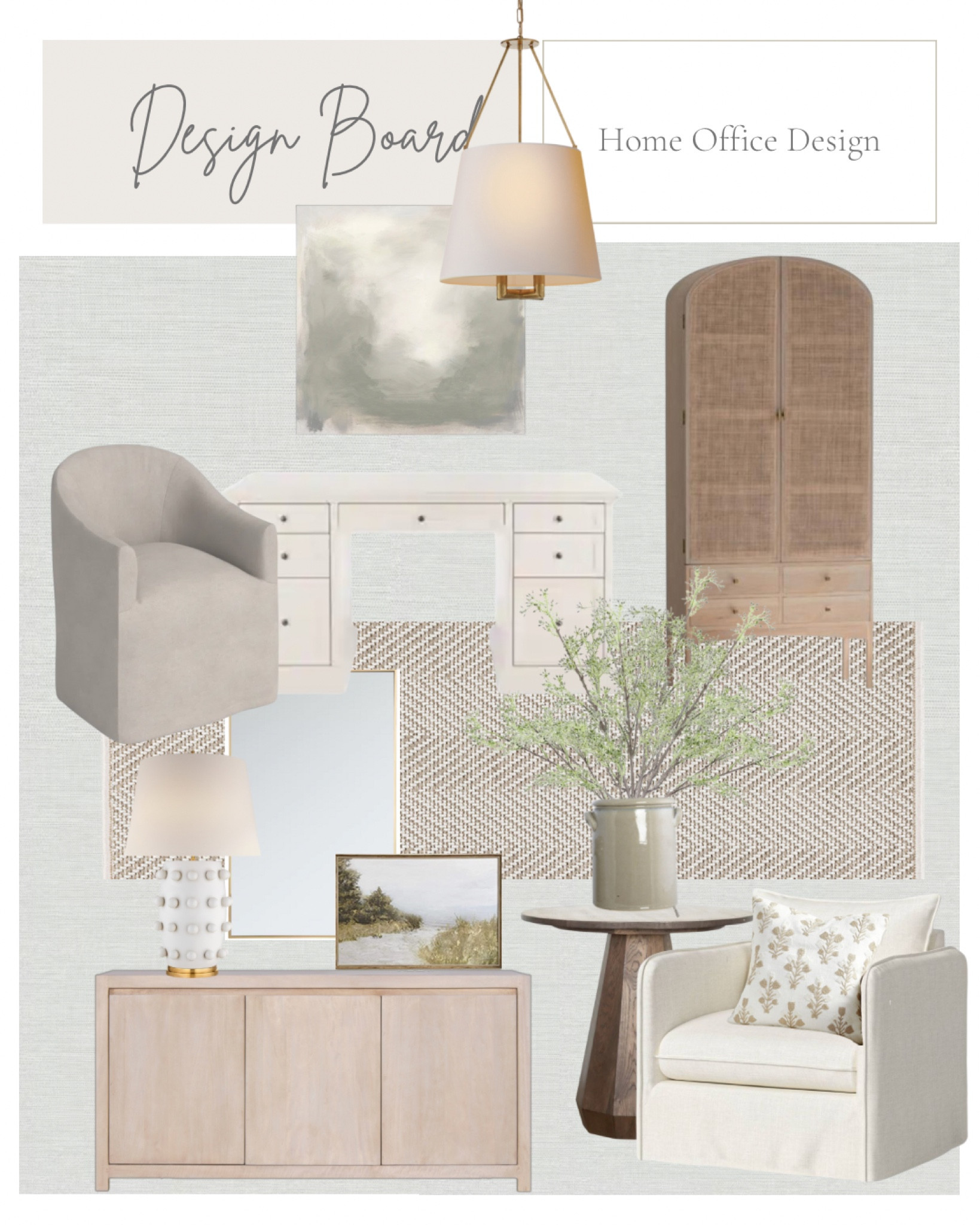 Neutral office design. White executive desk with file storage, light wood credenza, slipcovered office chair, white accent chair, custom neutral indoor/outdoor rug, cane closed art bed cabinet, large square art, chandelier 

#LTKsalealert #LTKstyletip #LTKhome