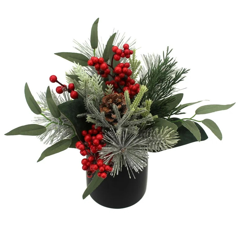 Mainstays 11" Decorative Tabletop Artificial Christmas Floral Eucalyptus & Pine in Black Ceramic ... | Walmart (US)