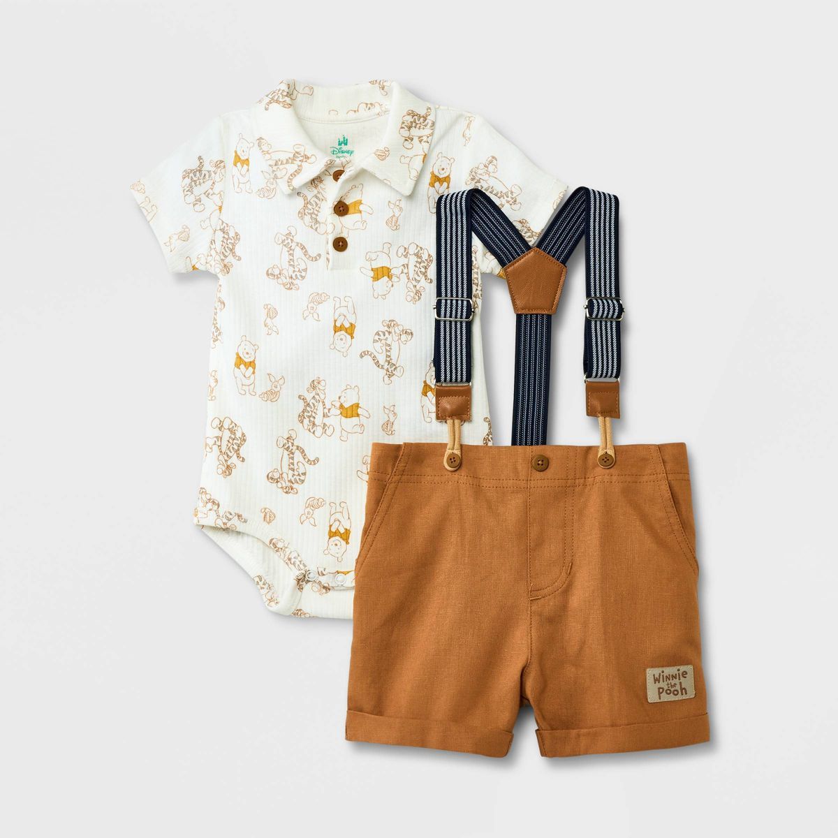 Baby Boys' Disney Winnie the Pooh Top and Bottom Suspender Set - Beige | Target