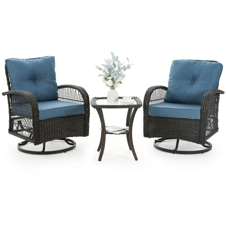 Techmilly 3 Pieces Patio Furniture Set, Outdoor Swivel Gliders Rocker, Glass Top Side Table  (Nav... | Walmart (US)