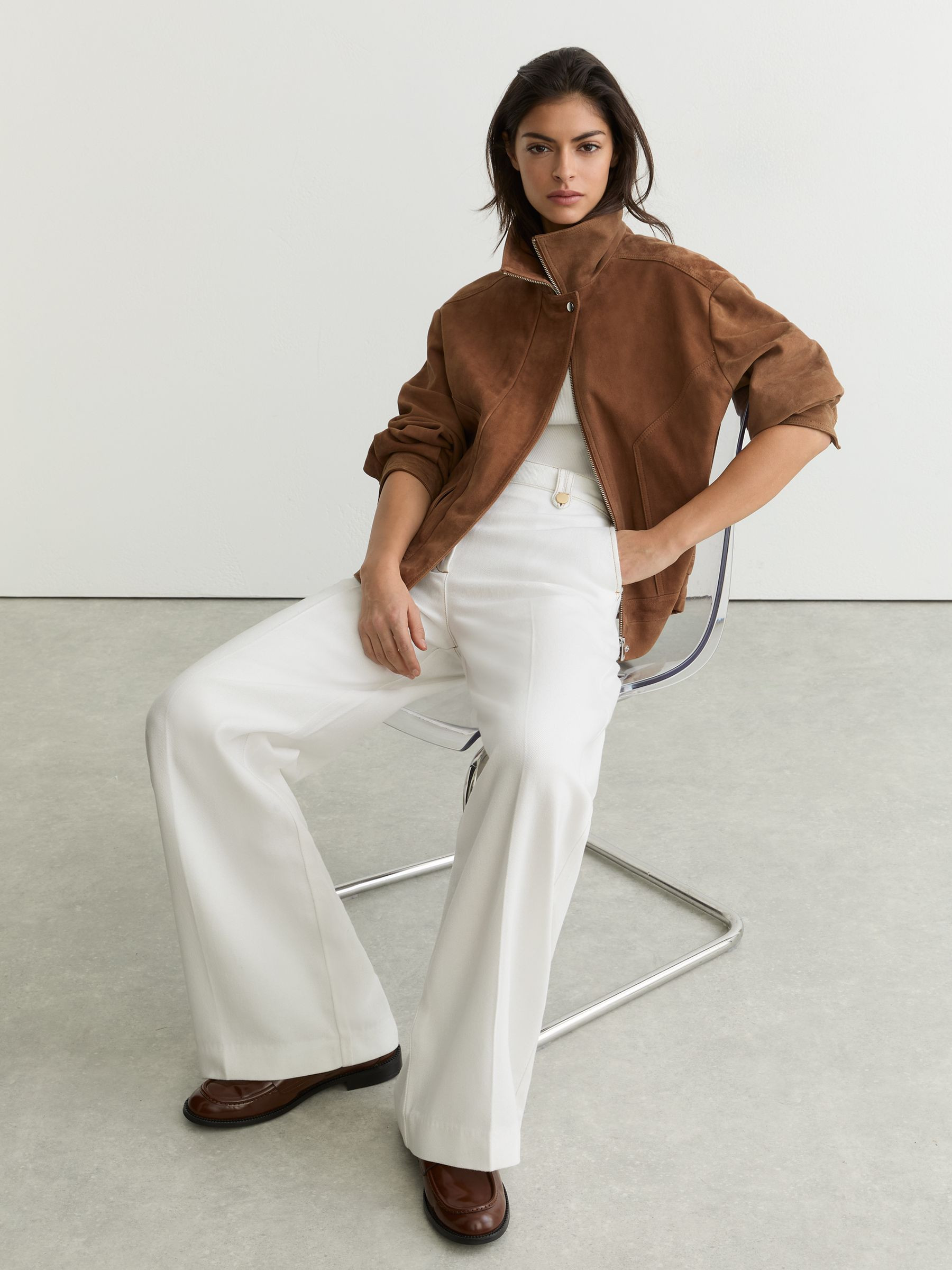 Lyocell Topstitched Wide-Leg Trousers in White | Reiss UK