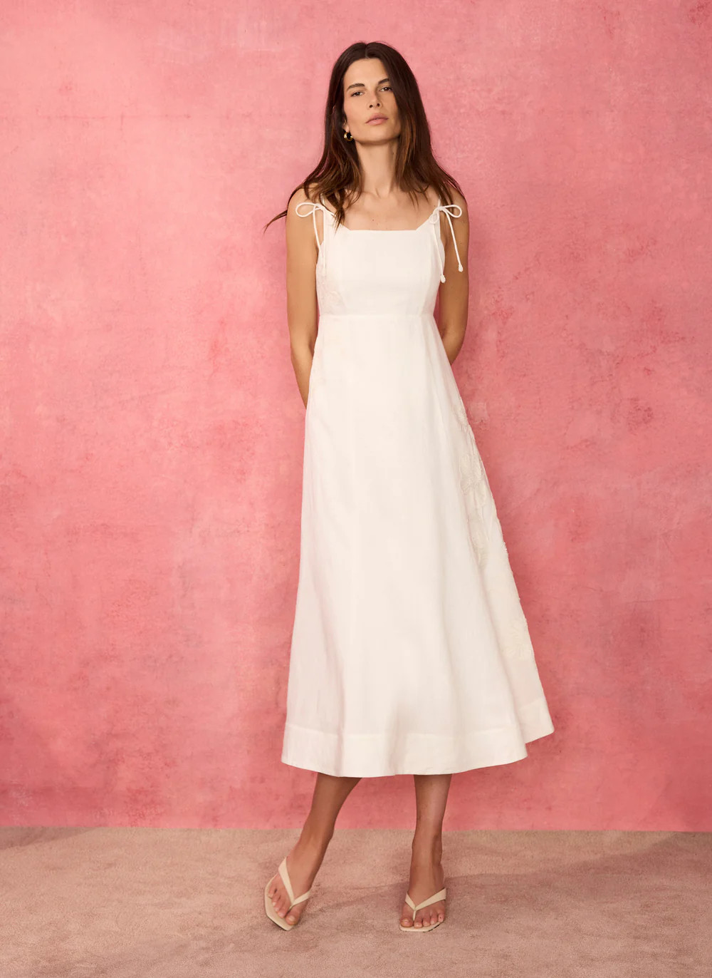 White Linen Blend Embroidered Midi Dress | Mint Velvet