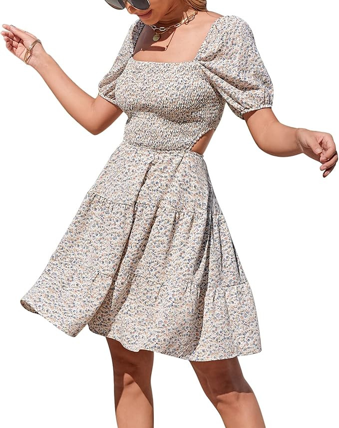 Byinns Women's Square Neck Ruffle Mini Dress Smocked Cut Out Ditsy Floral Backless Tiered Puff Sh... | Amazon (US)