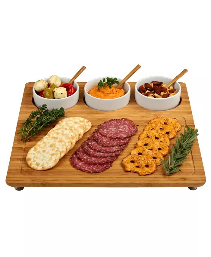 Entertainer Bamboo Cheese Board Platter with 3 Ceramic Bowls | Macy's
