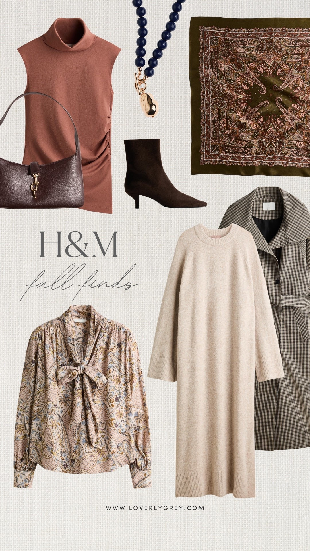 H&M is so good right now. I’m loving the paisley blouse, sweater dress, plaid coat and rich brown accessories for easy fall outfits that feel a little more elevated.
