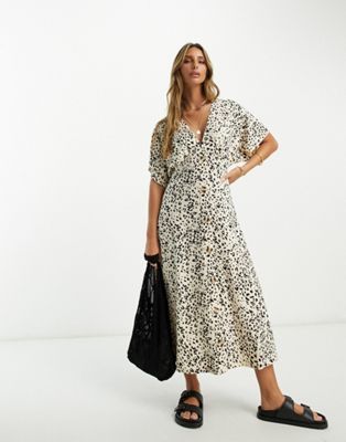 ASOS DESIGN flutter sleeve midi tea dress with buttons in leopard print | ASOS (Global)