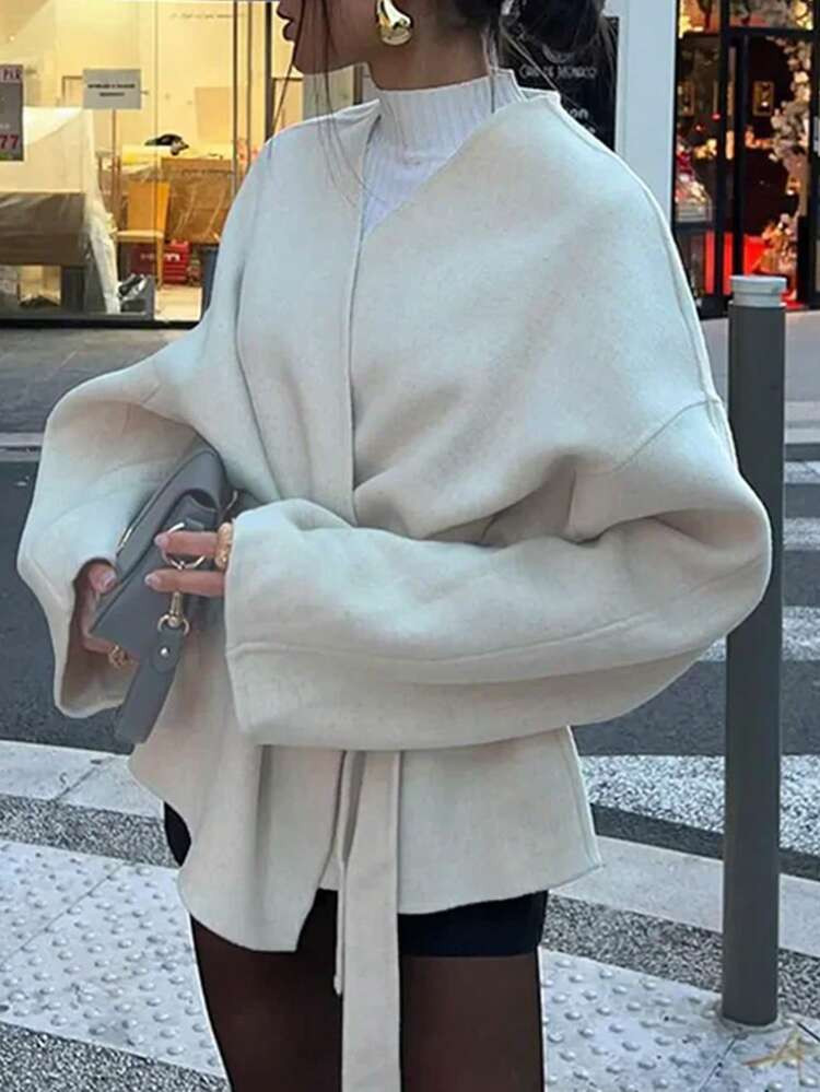 1pc Women's Solid Color Woven Fabric Knotted Waist Woolen Coat, Casual Autumn/Winter | SHEIN