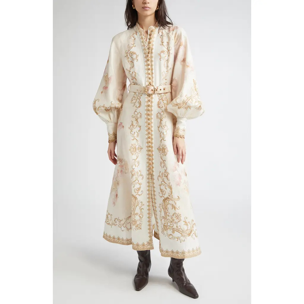 Zimmermann Hypnotic Long Sleeve Belted Linen Maxi dress in Cream Peony at Nordstrom, Size 1 | Nordstrom
