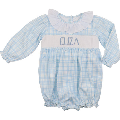 Blue Plaid Corduroy Custom Smocked Bow Bubble | Cecil and Lou